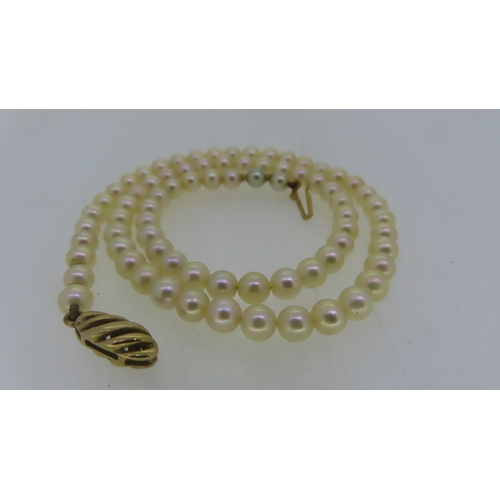 215 - A single string of cultured pearls with a gold clasp - length 15 ins approx.