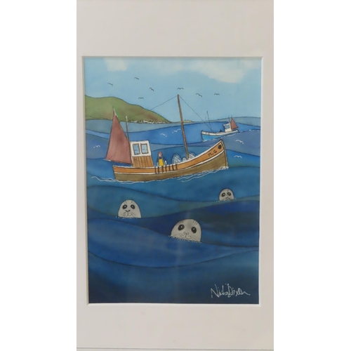 270 - Nicola Dixon Watercolour Fishing boat with seals watercolour signed 5