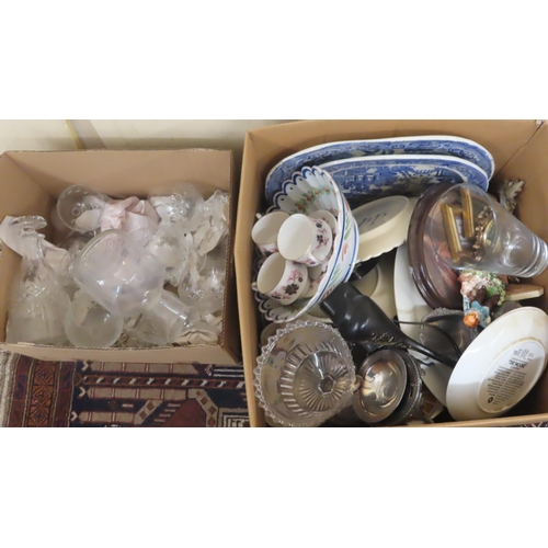 285 - Two boxes of glass metalware pottery porcelain etc