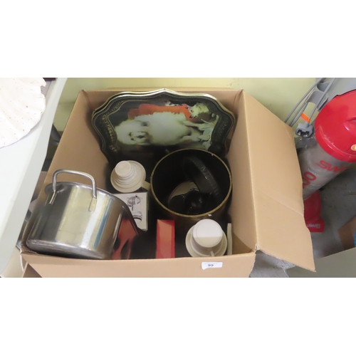 99 - Collection of kitchenalia including fish kettle, thermos trays etc