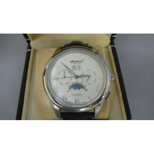 27 - An Ingersoll Gent's automatic moon phase wrist watch boxed with papers