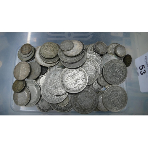 53 - Tub of silver coins pre 1920, pre 1947 & foreign - wt. 489 grammes