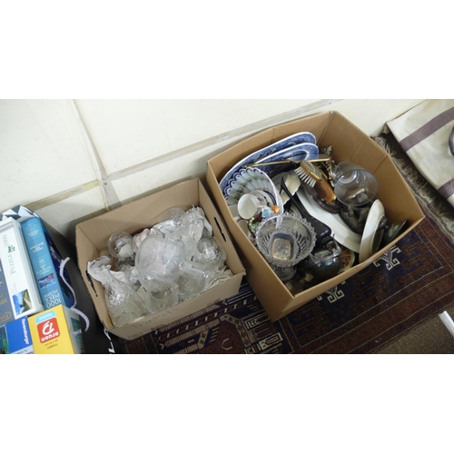 262 - Two boxes of glass metalware pottery porcelain etc