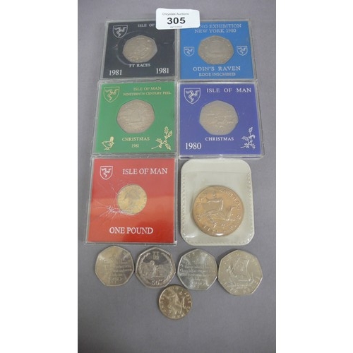 305 - Collection of Isle of Man 50p coins, £5 coin and £1 coin