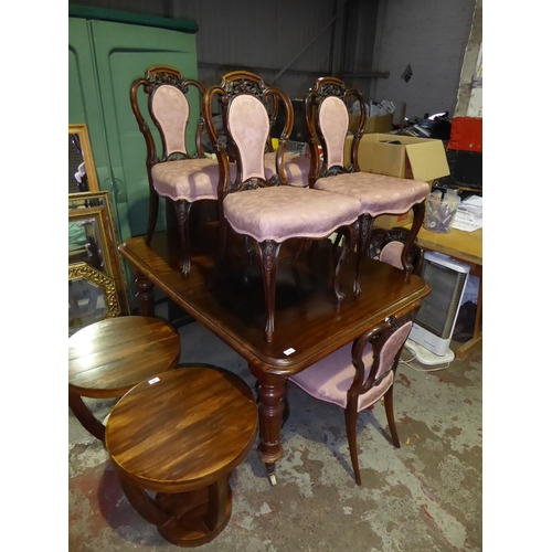 19 - Extending mahogany dining table with winder, plus six matching chairs