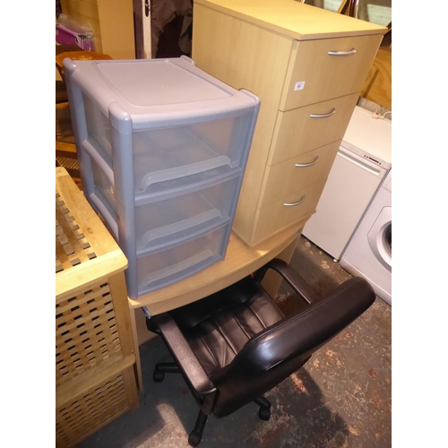 60 - Desk, chair, four drawer cabinet and a plastic three drawer storage box