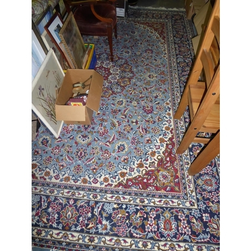 114 - Carpet in mostly blue, red and cream wools 140 inches x 100 inches