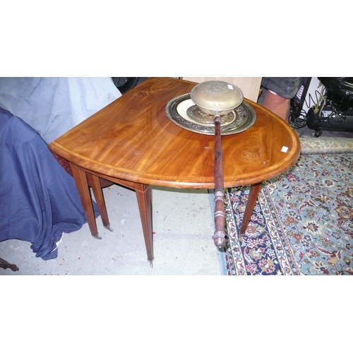 30 - Edwardian, oval, satinwood, drop leaf table with inlay to top and square tapering legs on brass cast... 