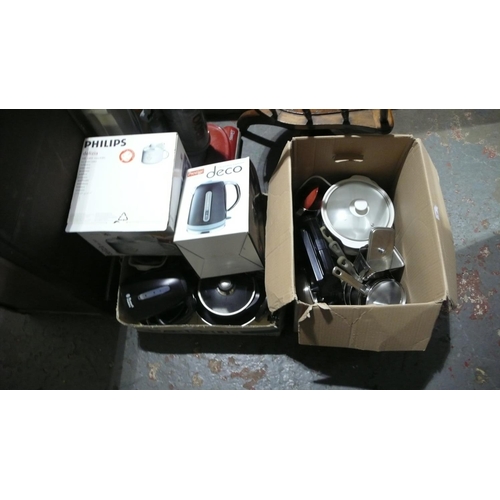 40 - Two boxes of kitchenalia plus a Vax Swift upright vacuum