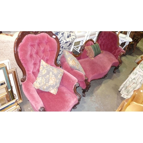 44 - Victorian mahogany settee with scroll arms plus chair in button back red upholstery