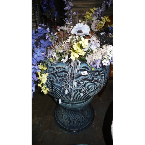 98 - Large blue pot on matching stand with artificial flower display