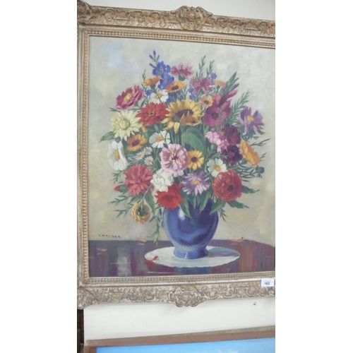 162 - Sascher, still life, flowers in a blue vase, oil on canvas, signed, 26 x 21 ins approx