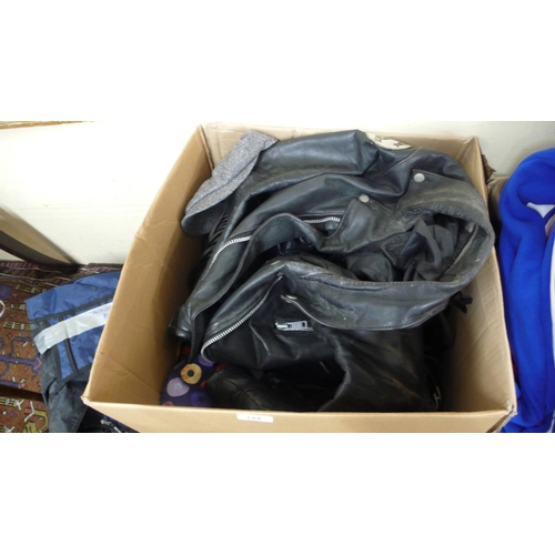 184 - Two boxes of Gent's clothing including a Manx Leathers motorcycle jacket