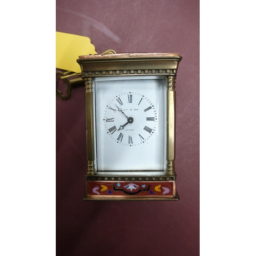 398 - A small French brass and cloisonne four glass carriage clock