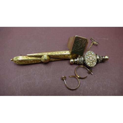 401 - Edwardian gold bar brooch. Gent's 9 ct. gold signet ring, earrings and a gold coloured metal broken ... 