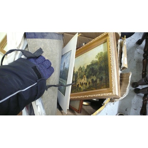 412 - A large box of paintings, watercolours, prints and a folio of artworks