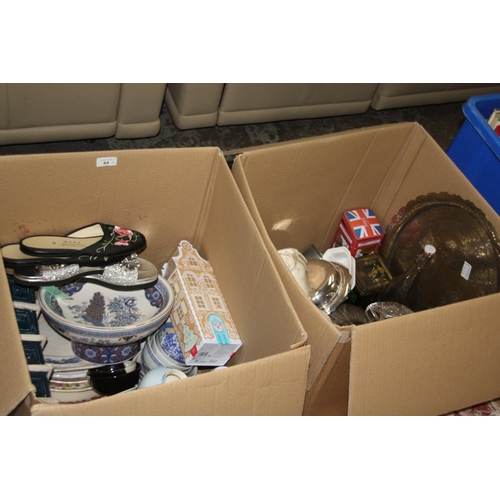 44 - Four boxes of assorted metal ware, crockery, ornaments etc