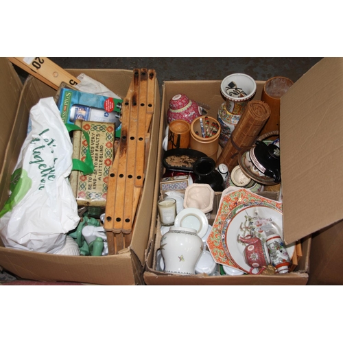 44 - Four boxes of assorted metal ware, crockery, ornaments etc