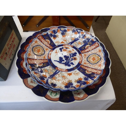 2 - Three Imari pattern dishes - largest diam. 15.5 ins