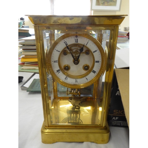 154 - Late 19thC French Ormolu four glass mantel clock with white enamel chapter ring, Roman numerals, mer... 