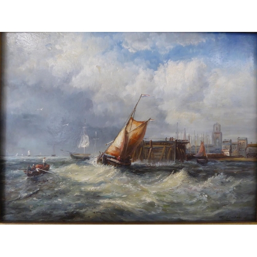 164 - T Lawson, Lugger in a choppy sea, oil on board, signed, 12 x 16 ins