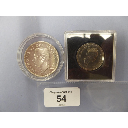 54 - Canada 1952 Silver dollar and a 1992 50c (silver proof)