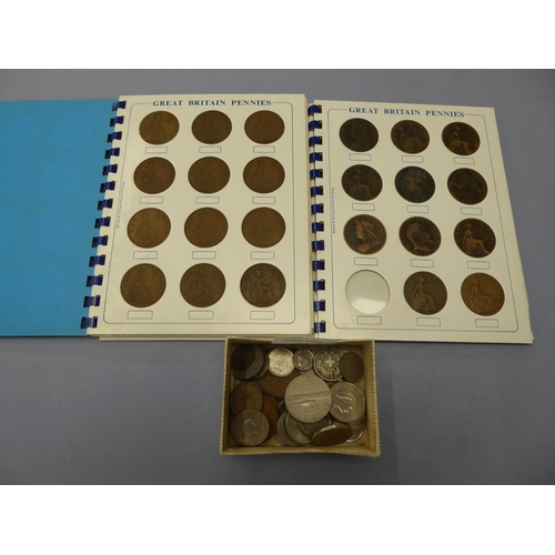 79 - Two penny coin folders plus a small box of assorted worldwide coinage