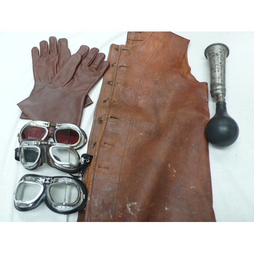 121 - Brown leather motorcyclists waistcoat, gauntlets, goggles and parp parp horn circa 1920/30s