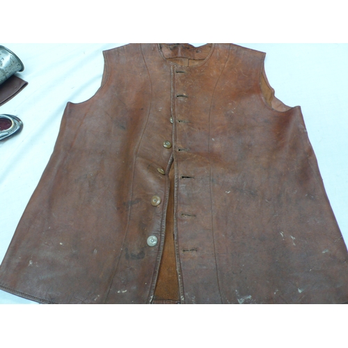 121 - Brown leather motorcyclists waistcoat, gauntlets, goggles and parp parp horn circa 1920/30s