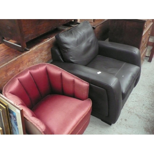 16 - Leather modern easy chair plus a satin upholstered tub chair