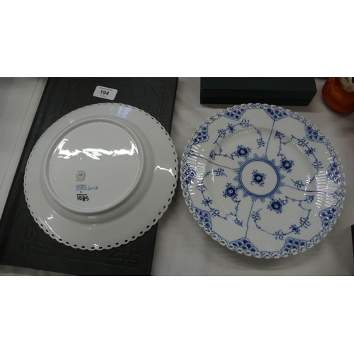 190 - Pair of Royal Copenhagen blue and white porcelain ribbon plates full lace pattern