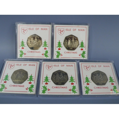 256 - Five Isle of Man 2001 Christmas fifty pence pieces (50p) - Victorian post