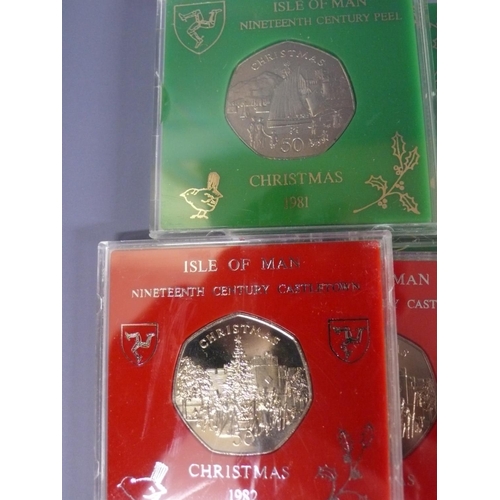 259 - Ten Isle of Man cased Christmas fifty pence pieces (50p) - 5 X 1981 - Nicky Boat and 5 x 1982 - Chri... 