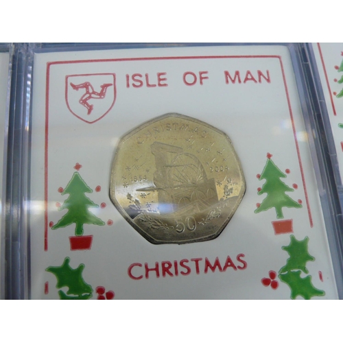 331 - Five Isle of Man 2004 Christmas fifty pence pieces (50p) - Laxey Wheel