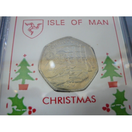 336 - Five cased Isle of Man 2000 Christmas fifty pence pieces (50p) - John Kelly