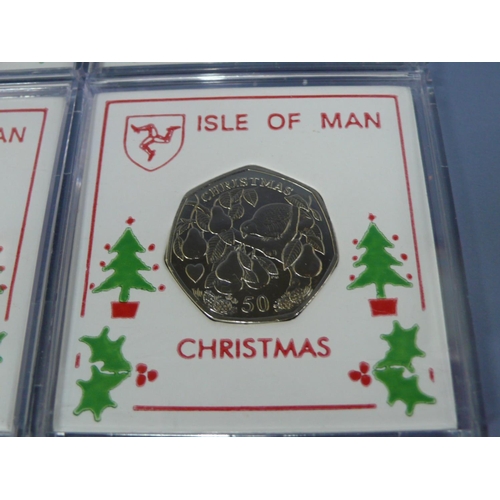 337 - Four cased 2005 Isle of Man Christmas fifty pence pieces (50p) - Partridge Pear