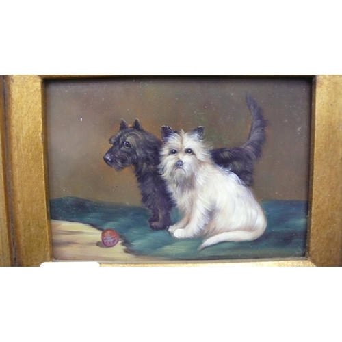 490 - Painting of two terriers on a panel, 4.5 x 6 ins