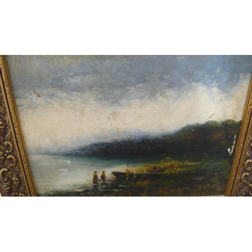 491 - A painting of figures and a boat on the shore, oil on panel, 10 x 12 ins