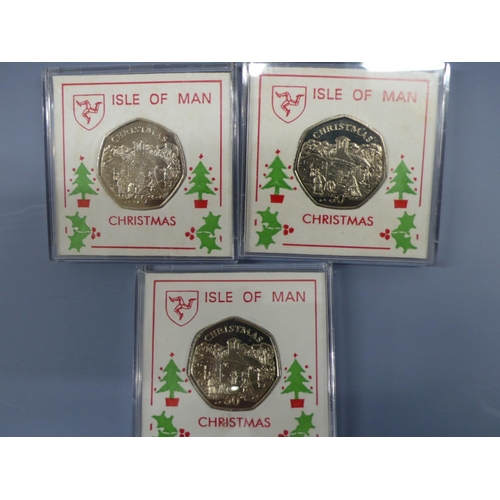 79 - Three Isle of Man Christmas 1996 fifty pence pieces (50p) - Snowball fight