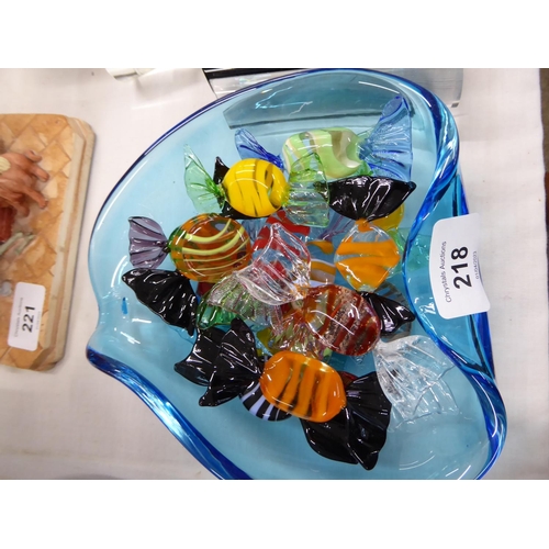 218 - Collection of glass wrapped sweeties, probably Morano, in a dish