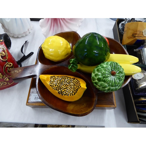 224 - Inlaid box together with pottery fruit in a bowl