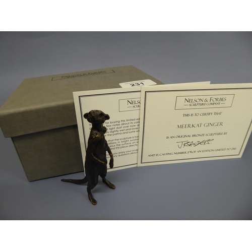 231 - JR Sanders bronze sculpture of meerkat Ginger No 59/250 boxed with certificate