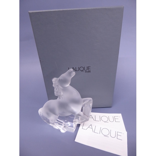 232 - Lalique frosted glass sculpture of a prancing horse. Signed to base Boxed