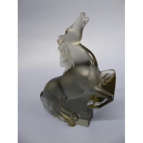 233 - Lalique grey glass sculpture of a prancing horse. Signed to base Boxed