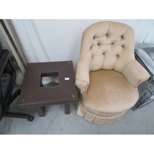 21 - Square leather table plus an upholstered tub chair