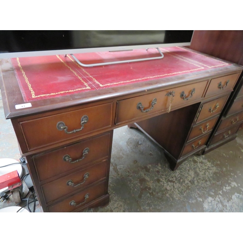 41 - Nine drawer knee hole desk with red leather insert and brass swing handles plus matching three drawe... 