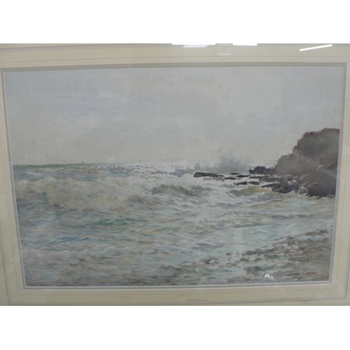 253 - James Aitken, Surf breaking on the Manx Coast, watercolour, signed, 14 x 18 ins approx.