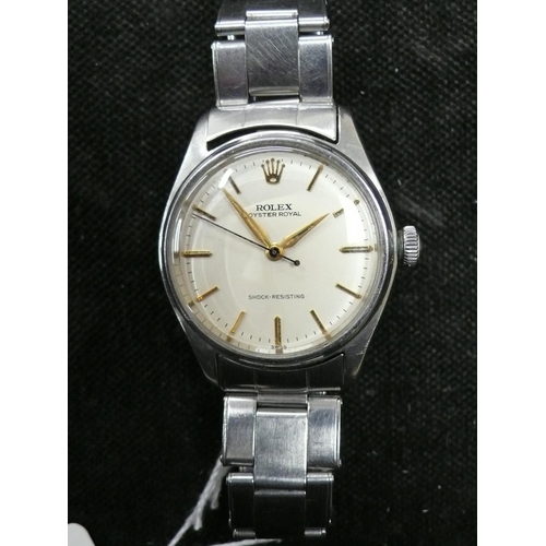 332 - Gent's SS Rolex Oyster Royal shock resistant wrist watch with gold metal hands minute batons on orig... 