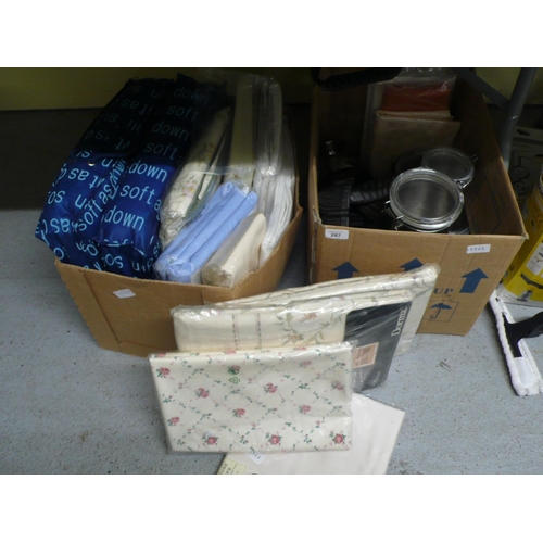 287 - Box of assorted new and unused bedding plus a box of kitchenalia