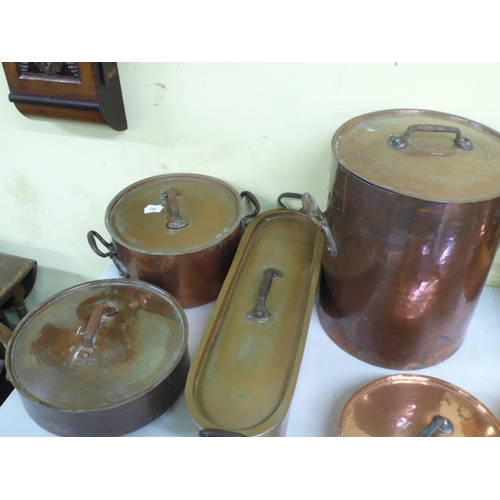 296 - Four Lagorsse Alain beaten copper pans - fish kettle, large boiling pot and two saucepans